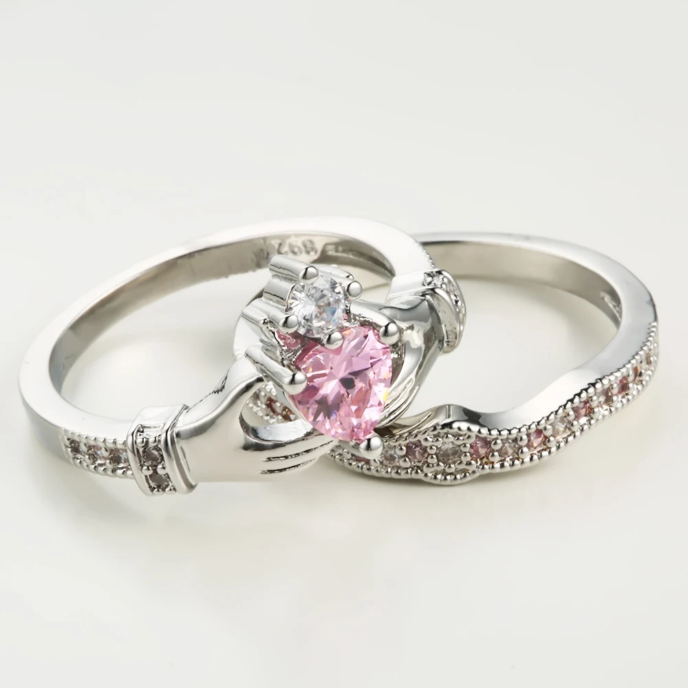 Модный набор колец Claddagh в стиле руки к сердцу из белого золота с желтым