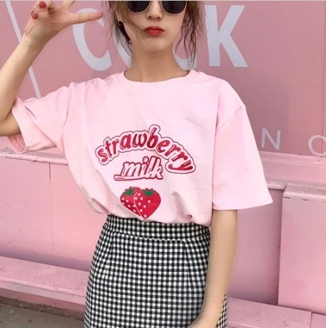 

sunfiz YF Strawberry Milk T Shirt Tops Women Summer Korean Fashion Ulzzang Tshirt Schoolgirl Streetwear Cute Clothes