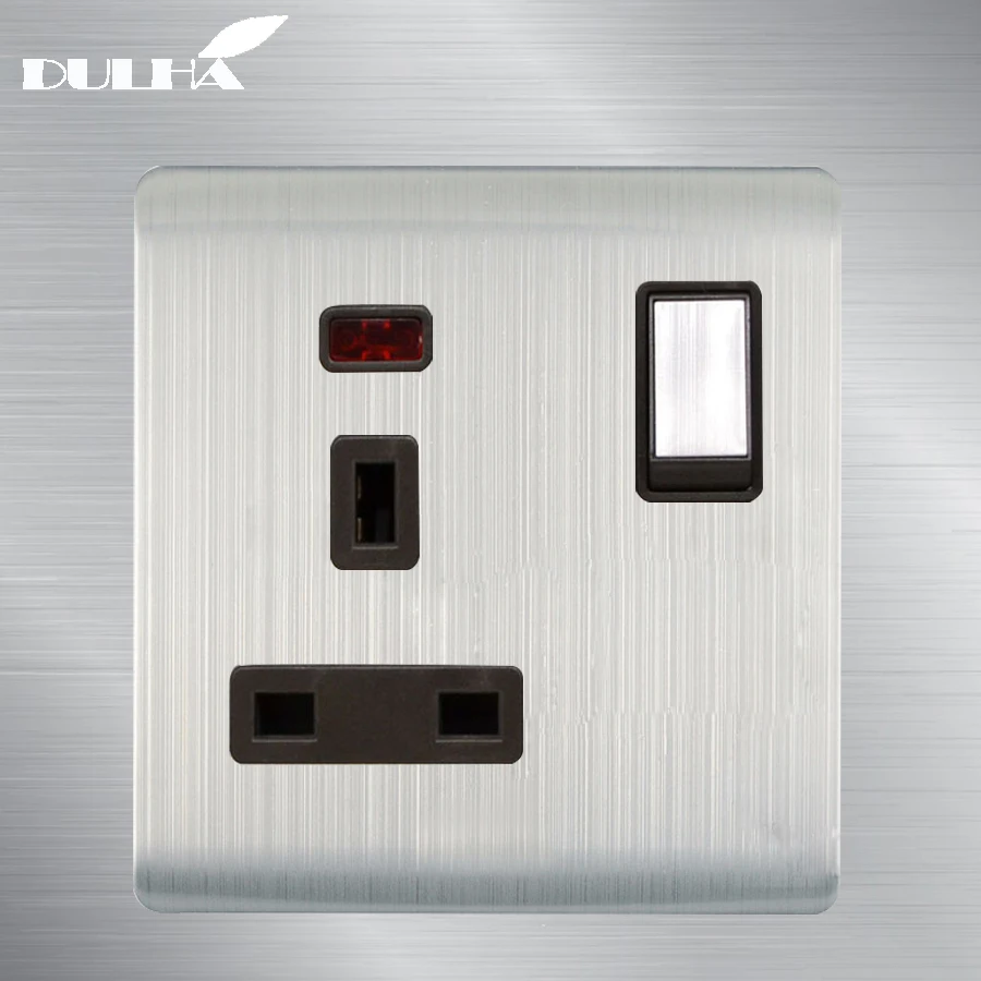 Дулха UK 13A 250V стены переключила гнездо 1 секция электрические Мощность 2 неоновый светильник розетка штепсельная вилка британского стандарта Роскошные атласные Нержавеющая сталь Панель