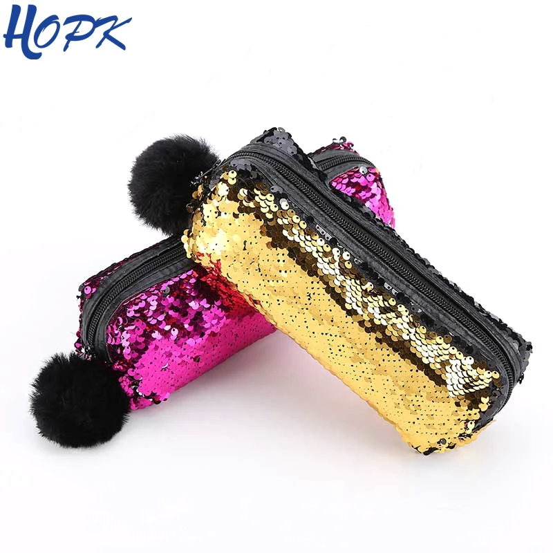 Girls School Pencil Case with Reversible Sequin Hairball, Cute and Kawaii Stationery Gift - Student Supplies image 6