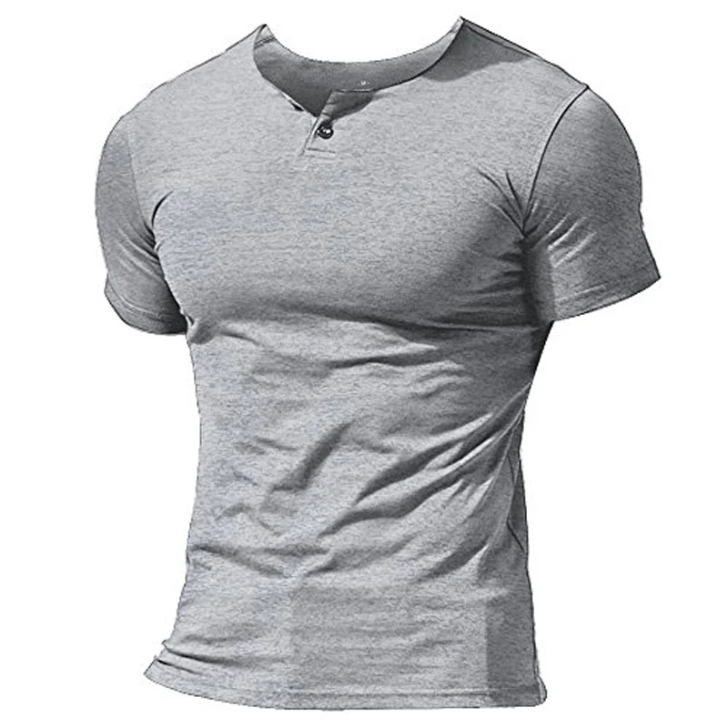 Серый MUSCLE ALIVE Мужская Летняя Повседневная футболка с коротким рукавом Henleys однокнопочная планка простая футболка с круглым вырезом Бодибилдинг Фитнес - Цвет: Серый