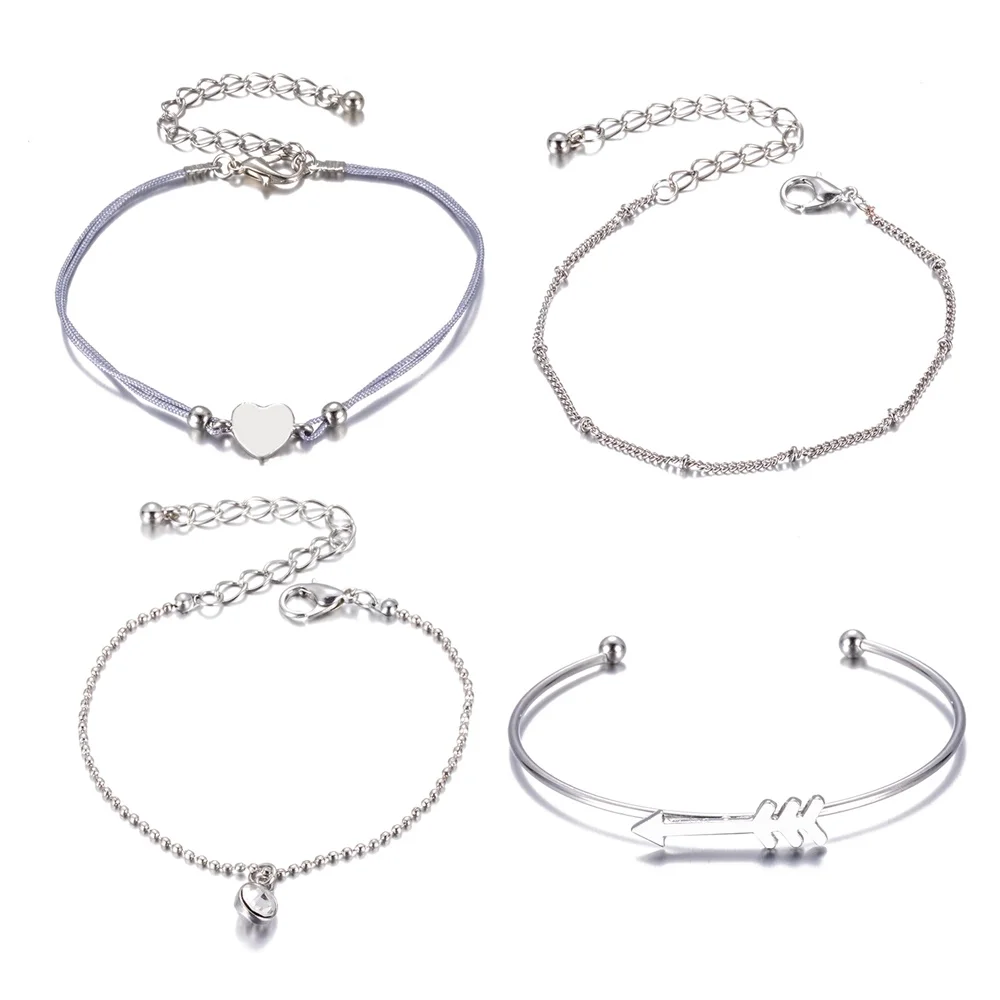 Silver Colour Поцелуй жены 4 шт./компл. Ретро Мода Женщины любовь, сердце, стрела круглый кристаллический горный хрусталь комплект кожаного браслет Личность Шарм Вечерние - Окраска металла: Silver Colour