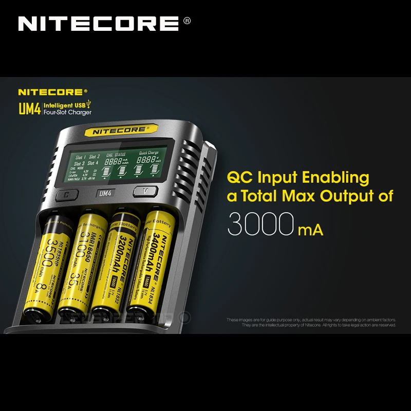 Интеллектуальное зарядное устройство Nitecore UM4 с четырьмя слотами USB, совместимое с аккумулятором IMR Li-Ion LiFePO4 Ni-MH Ni-Cd
