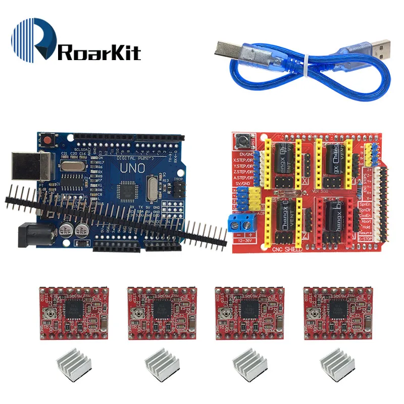 CNC щит V3 гравировальный станок 3d принтер+ 4 шт. A4988/DRV8825/AT2100 Плата расширения драйвера для Arduino+ UNO R3 с USB кабелем
