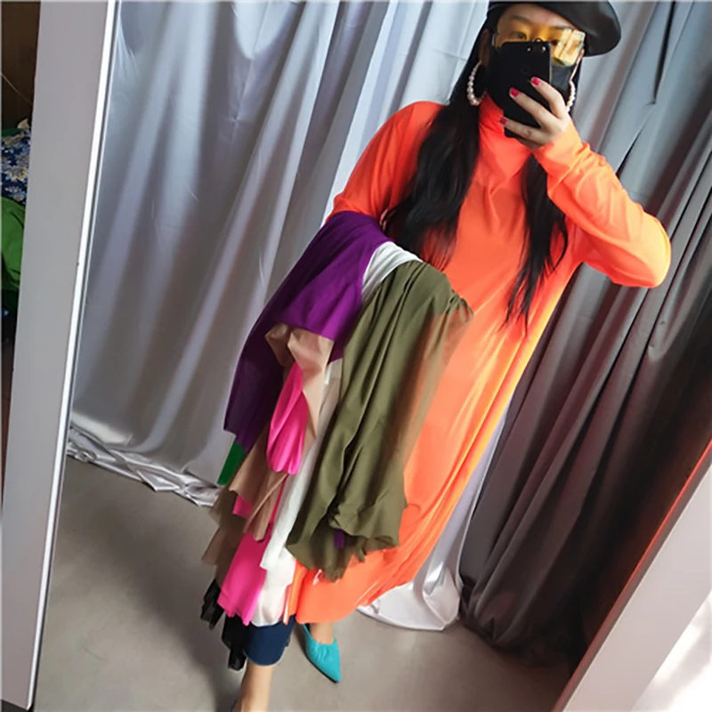 [EAM] New Autumn Winter High Collar Long Sleeve Black Mesh Perspective Colorful Long Big Size Dress Women Fashion JU790