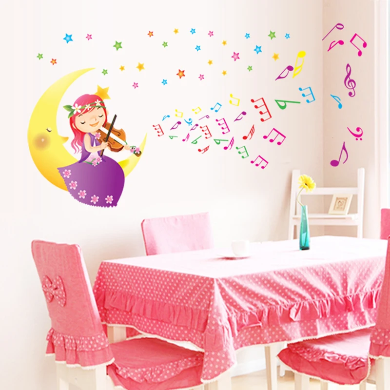 Cartoon Violin Girl Moon Boat Music Notes Wall Sticker For Kids Room Decal Child Background Stickers DIY Art Poster | Дом и сад