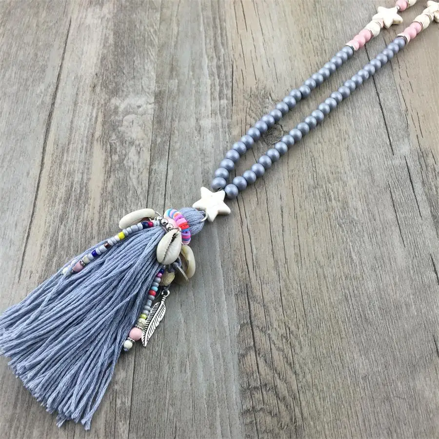 Бохо ожерелье s деревянные бусы натуральный камень звезда кисточка ручной работы