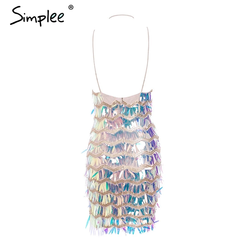 Simplee Холтер V образным вырезом сетки блесток платье в полоску пикантные