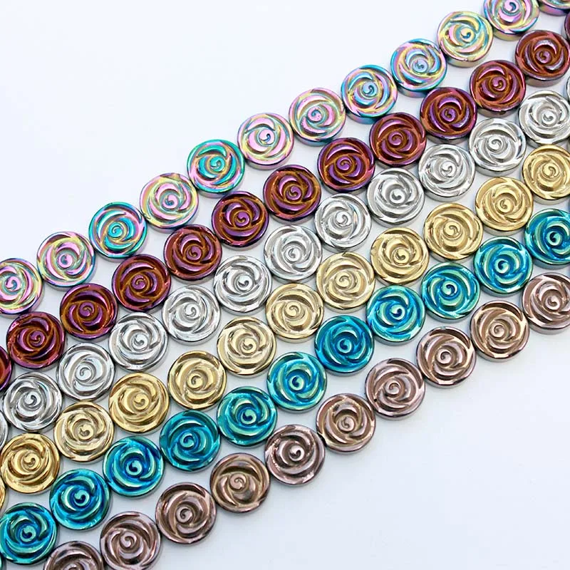 

1 strand/lot Hematite Stone Rose Beads Color Plated Loose Beads Round Rose Flower DIY beads for Jewelry Making 12mm RHLB1049