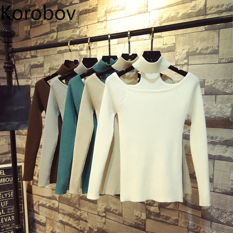 Korobov Autumn New Halter Turtleneck Women Sweaters Long Sleeve Solid Basic Off Shoulder Sexy Top Sueter Mujer Pullovers 78626 | Женская
