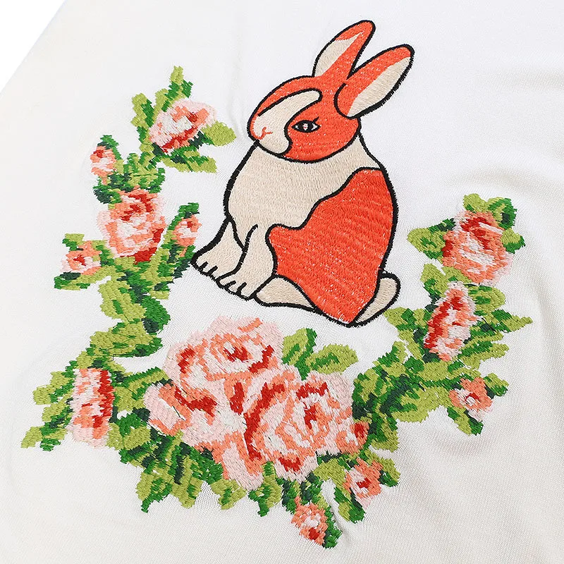 2018 New Summer Female Knitted Tops Sweet Rabbit Floral Cartoon Embroidery Womens Fashion Pullover Shirt Black White Long Sleeve | Женская