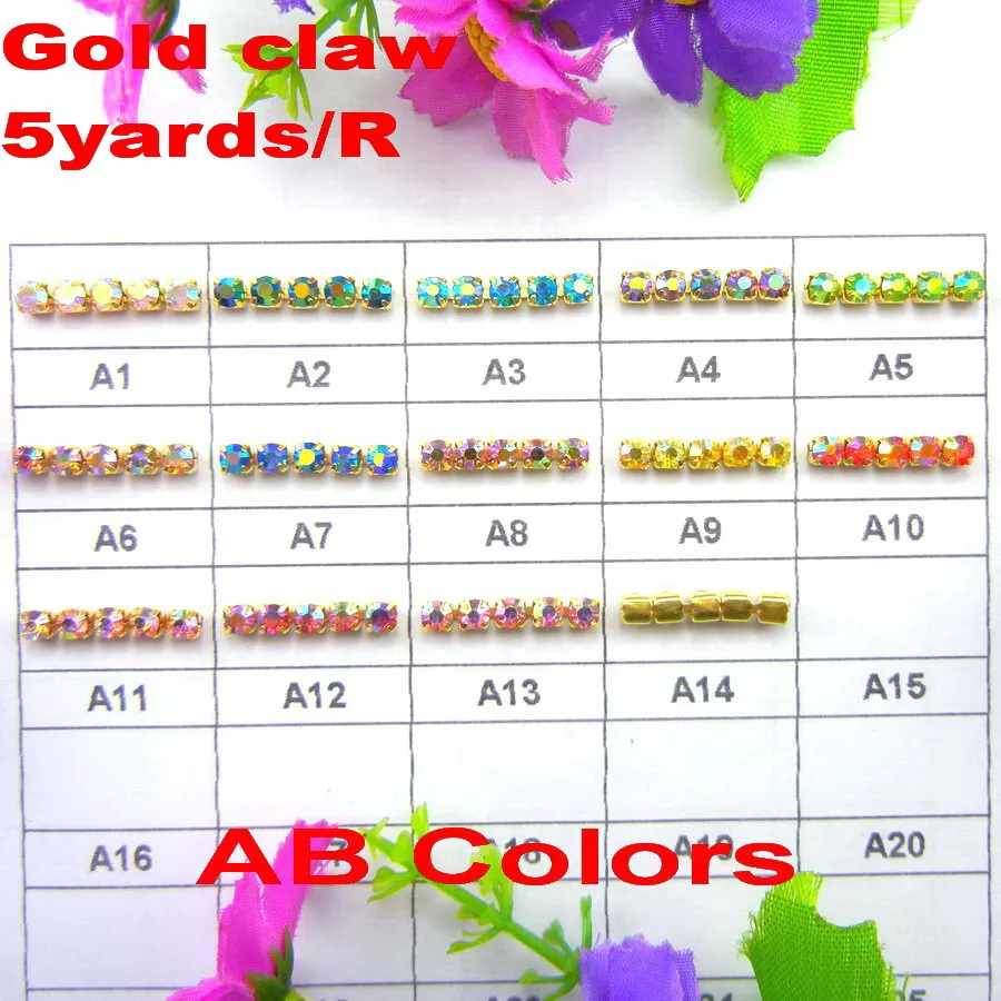 5 ярдов/рулон золотых чашек высокой плотности AB цвета ss6 2 мм SS8 2,5 мм SS10 2,8 мм SS12 3 мм стразы на цепочке для пришивания клея на отделке