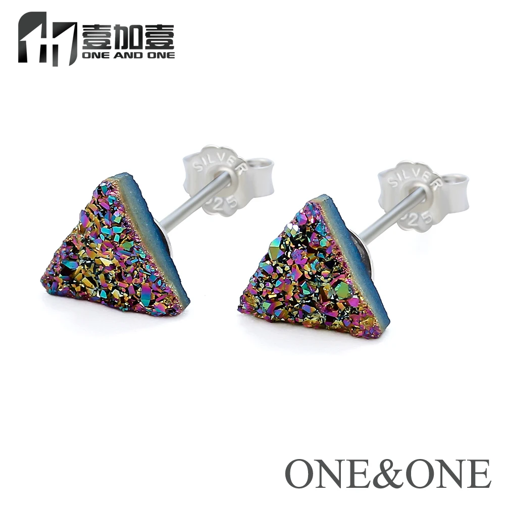 

EYIKA Wholesale Natural Druzy Stone Earring Silver Color Ear Stud Holder Positive Triangle 6/8mm Opal Drusy Women Stud Earring