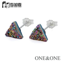 eyika wholesale natural druzy stone earring silver color ear stud holder positive triangle 68mm opal drusy women stud earring