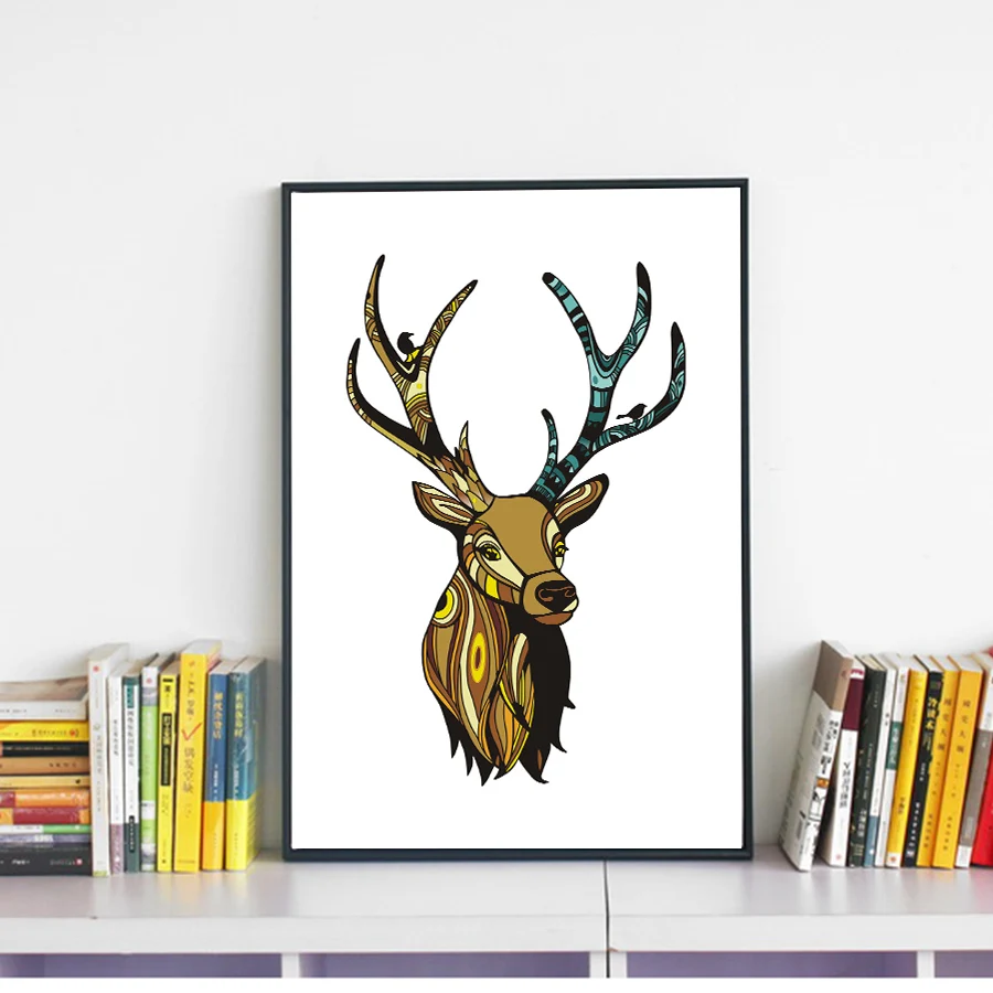Современные винтажные рога с головой оленя животные А4 Холст Картина Большой