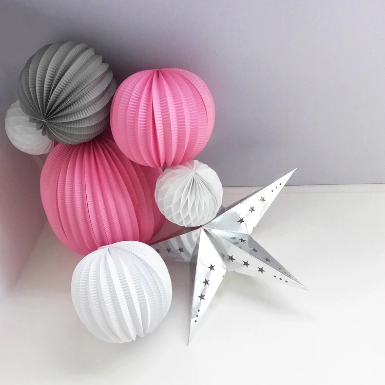 Sunbeauty 7pcs/set 19+32cm Pleated Paper Lanterns Honeycomb Balls Silver Star Party Decorations Background Hanging Decor|decor background|ball