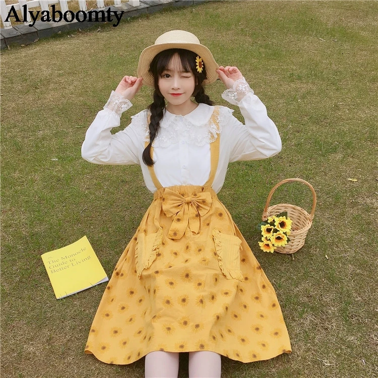 Японский консервативный стиль женский сарафан в Стиле Лолита подтяжки желтый подсолнух бант карманы платье