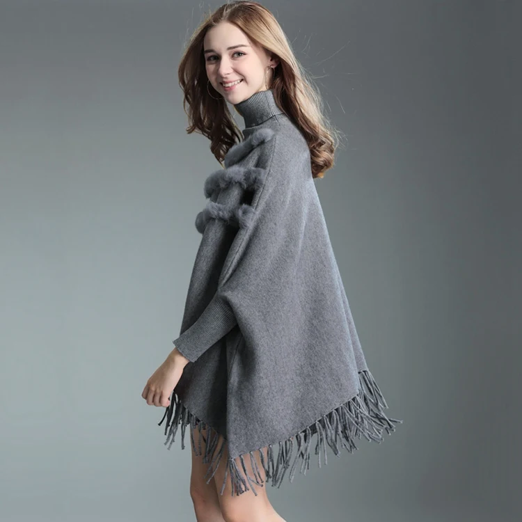 Новинка, пончо, feminino inverno femme, пончо и накидки, пальто с натуральным кроличьим мехом и кисточками, высокий воротник, capa mujer invierno