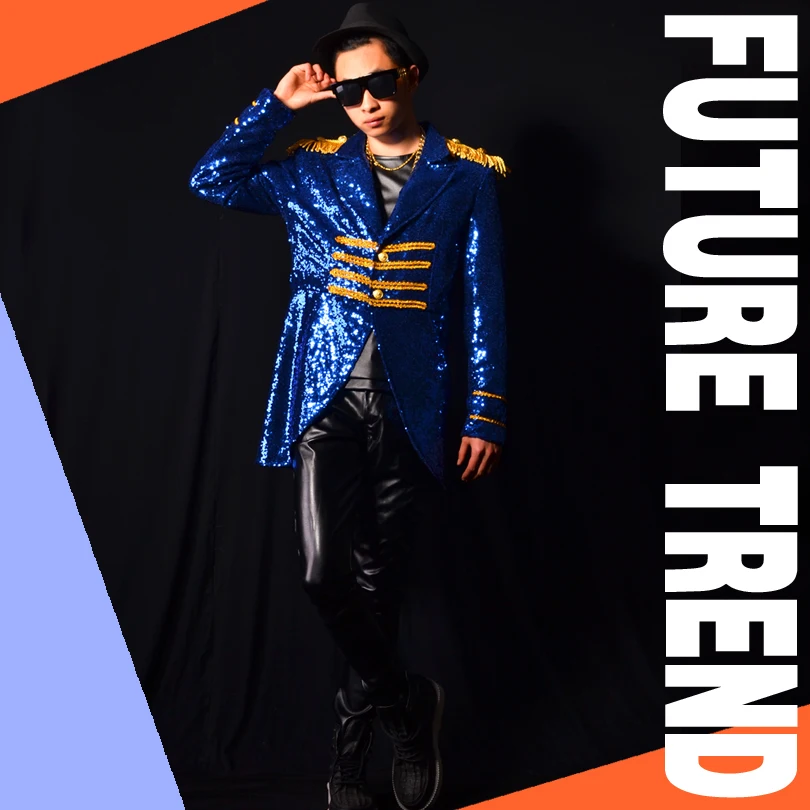 Мужская мода блестки королевский костюм куртка певицы из ночного клуба танцор DJ