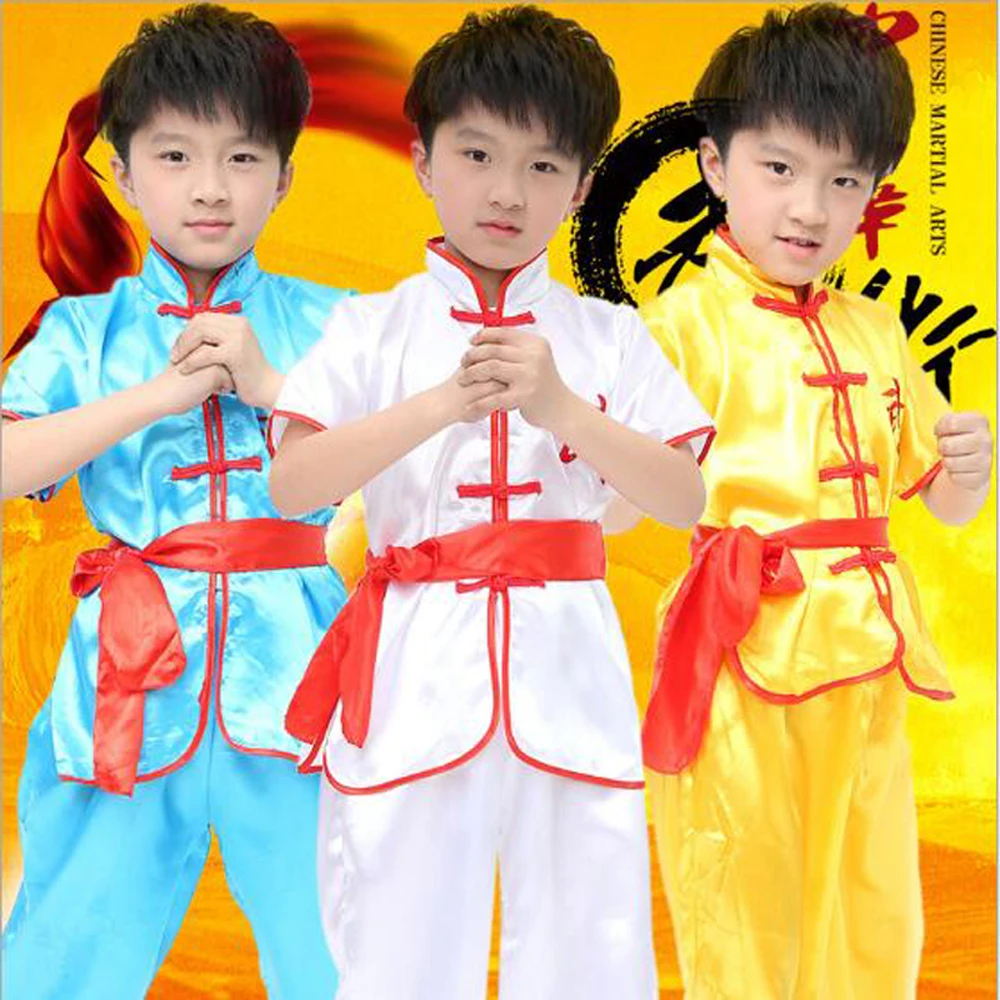 

School Students Martial Art Training & Perform Clothes Unisex Short Sleeve Chinese Kungfu Costume Kids Stage Wear Tops & Pants