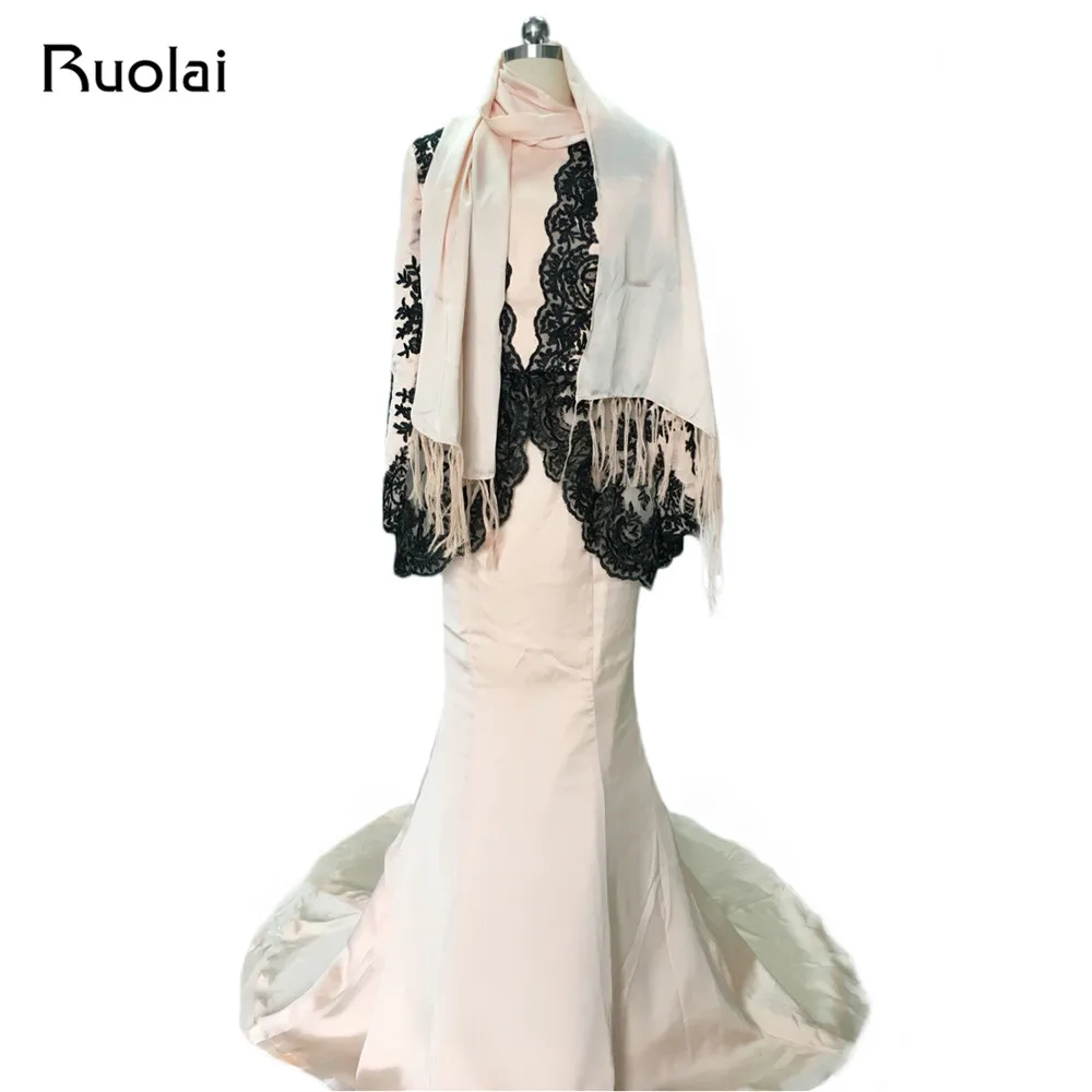 

Реальное фото, мусульманские Вечерние платья из атласа с длинным рукавом, черное платье с аппликацией в виде Русалочки для выпускного бала, ...