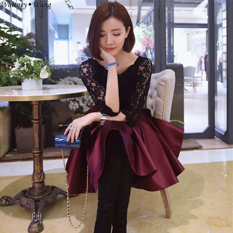 WHITNEY WANG 2018 Autumn Winter Fashion Elegant Colors Contrast Lace Patchwork Pleated Ball Gown Dress Women Party Dresses | Женская