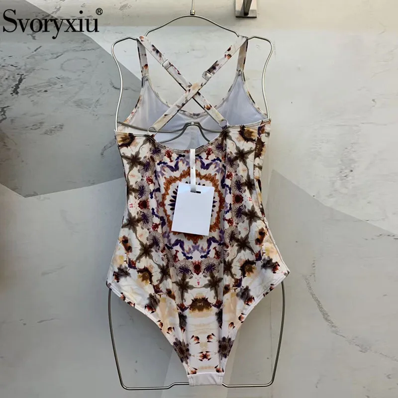 Женский купальник с открытой спиной Svoryxiu, белый сплошной эластичный купальник с принтом в стиле ретро на лето