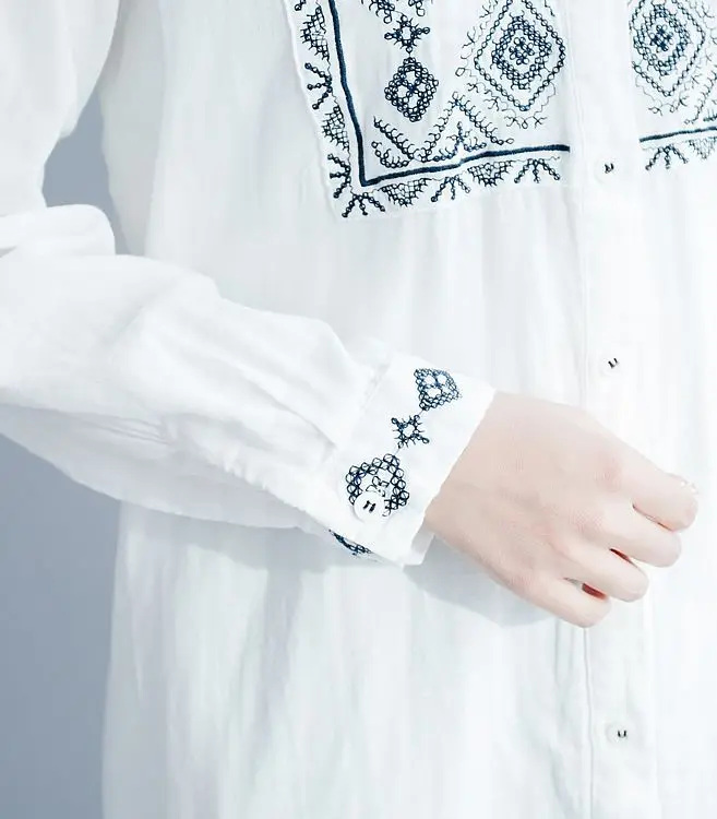 Женская винтажная блузка из 100% хлопка с вышивкой в этническом стиле белая