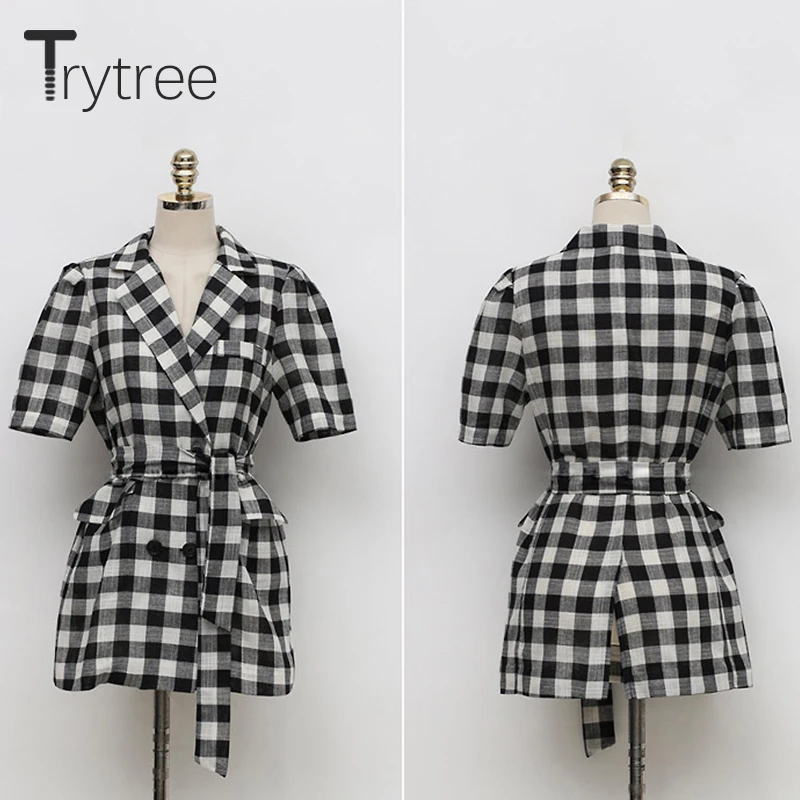 Trytree/сезон лето-осень женские тонкие куртки в клетку офисные модные двубортные с