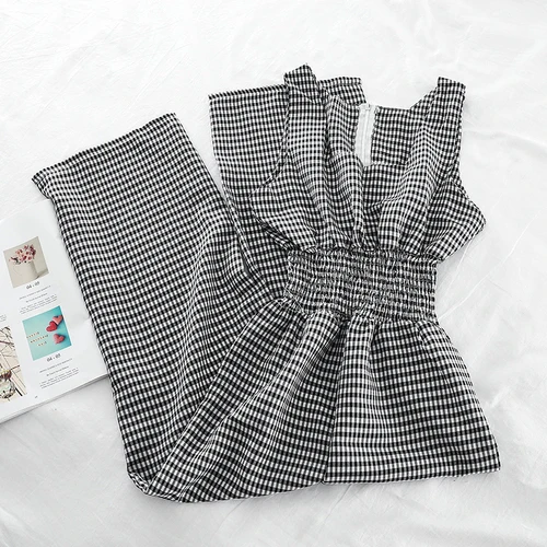 black jumpsuit Woherb, летние Широкие штаны, женский комбинезон без рукавов, клетчатый комбинезон, корейский Повседневный женский комбинезон, Длинные Комбинезоны - Цвет: black jumpsuit