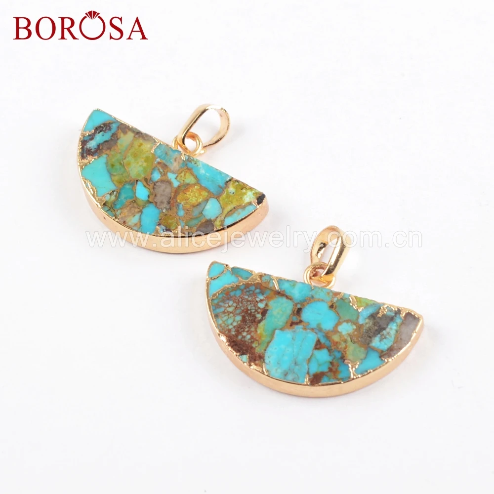 

BOROSA wholesale 5PCS Gold Plated Copper Turquoises Half Round Pendants Blue Howlites Pendant Fashion Jewelry For Necklace G1685