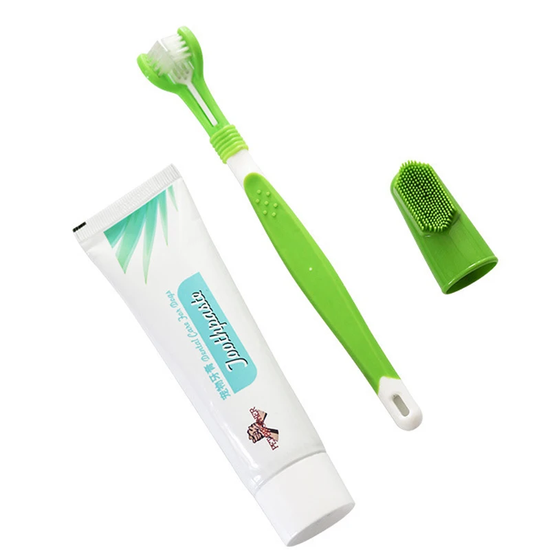 Набор для зубов собаки: зубная паста и зубная щетка Hot Puppy Teeth Brush Three Head Tartar Oral Care Tool Finger Back Up on.