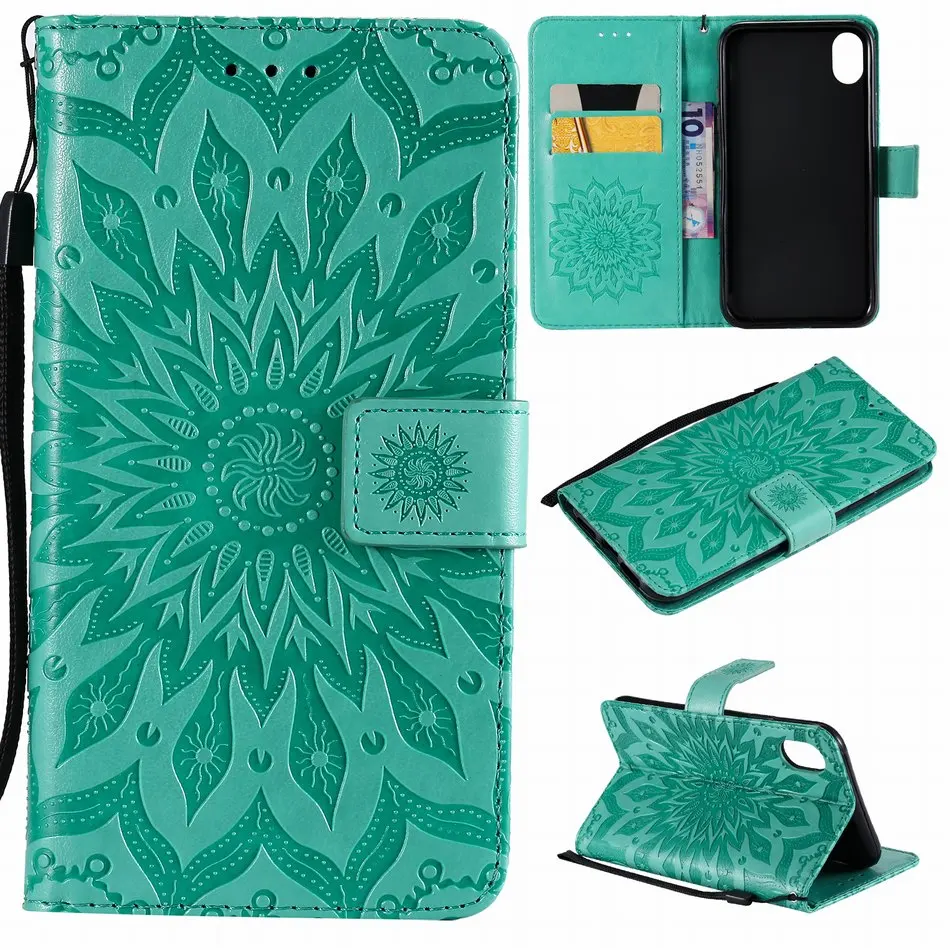 Флип Fundas кожаные чехлы для Coque iPhone XR X XS Max 7 8 Plus Touch 5 6 слот для карт рамка Подсолнух тиснение чехлы для телефонов P06Z