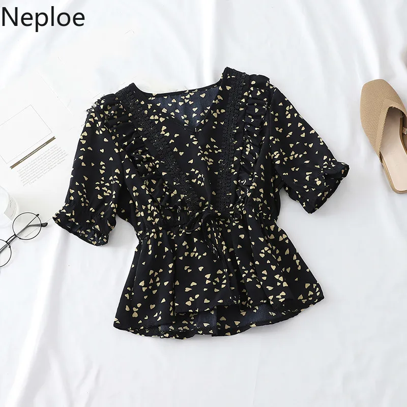 Neploe/Женская блузка с милым принтом сердца новые рубашки v-образным вырезом и