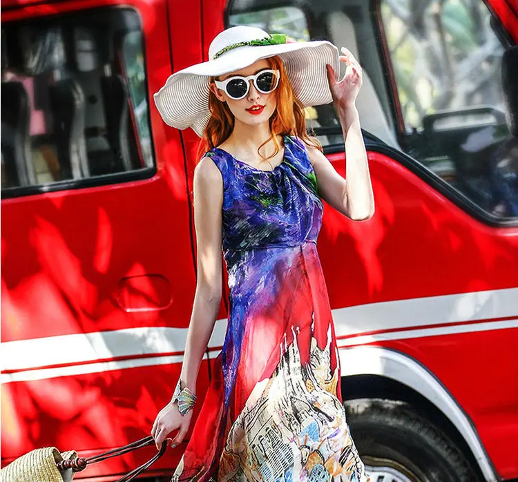 Женское шелковое платье богемное длинное платье натуральный шелк с принтом пляжное платье летнее с открытыми плечами