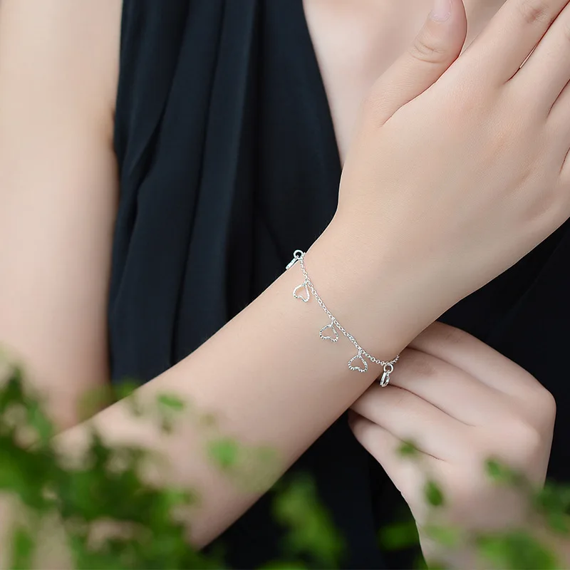 

925 Sterling Silver Link Chain Tassel Heart Charm Bracelets & Bangles For Women Wedding Jewelry Gift Pulseira Feminina A186