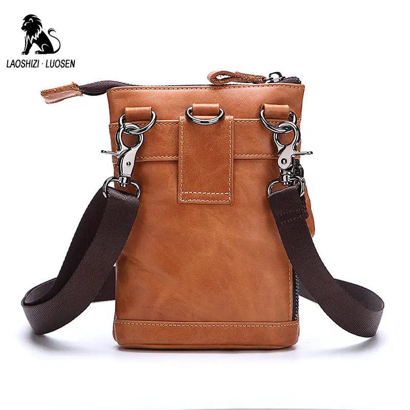 LAOSHIZI LUOSEN Fanny Pack Men Oil Wax Genuine Leather Waist Bag Phone Belt Fashion Brands Multifunction with Shoulder Strap | Багаж и