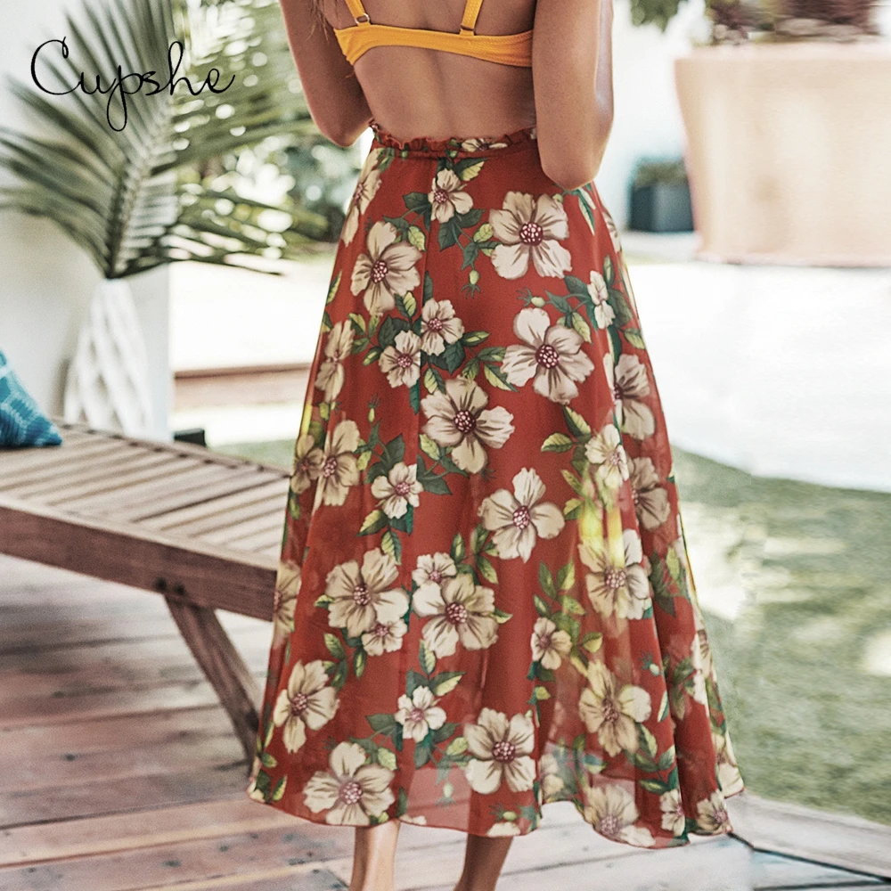 Женская винтажная длинная юбка макси CUPSHE пляжная с принтом магнолии на пуговицах
