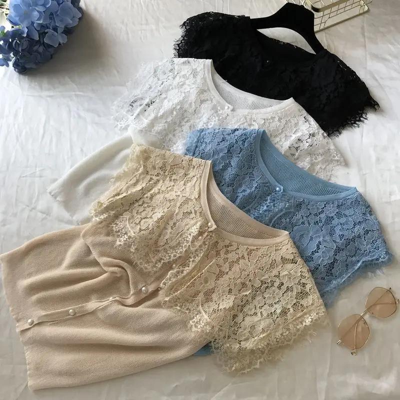 ALPHALMODA Летний Женский вязаный кардиган с кружевным воротником, однобортный кружевной кардиган в стиле пэчворк, милая Повседневная летняя одежда
