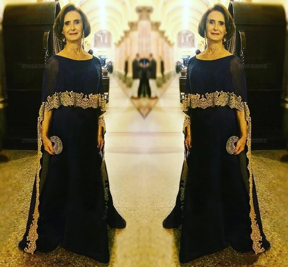 Элегантные темно синие платья для матери невесты с золотой аппликацией в пол 2019