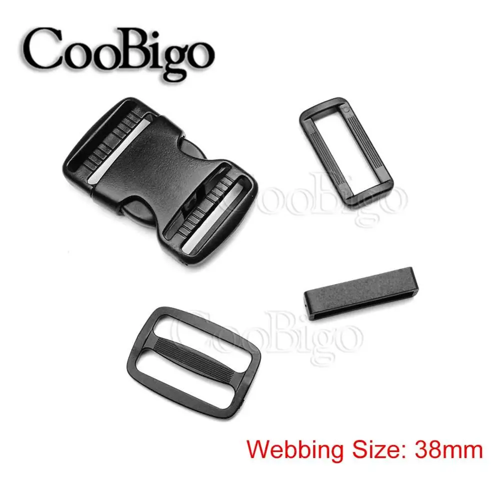 Webbing Size 38mm 1 комплект, 20 мм, 25 мм, 30 мм, 38 мм, 50 мм, пластмассовый слайдер, регулируемый прямоугольник, кольцо, петля для ремня, изогнутые боковые пряжки для ленточного ремня - Цвет: Webbing Size 38mm