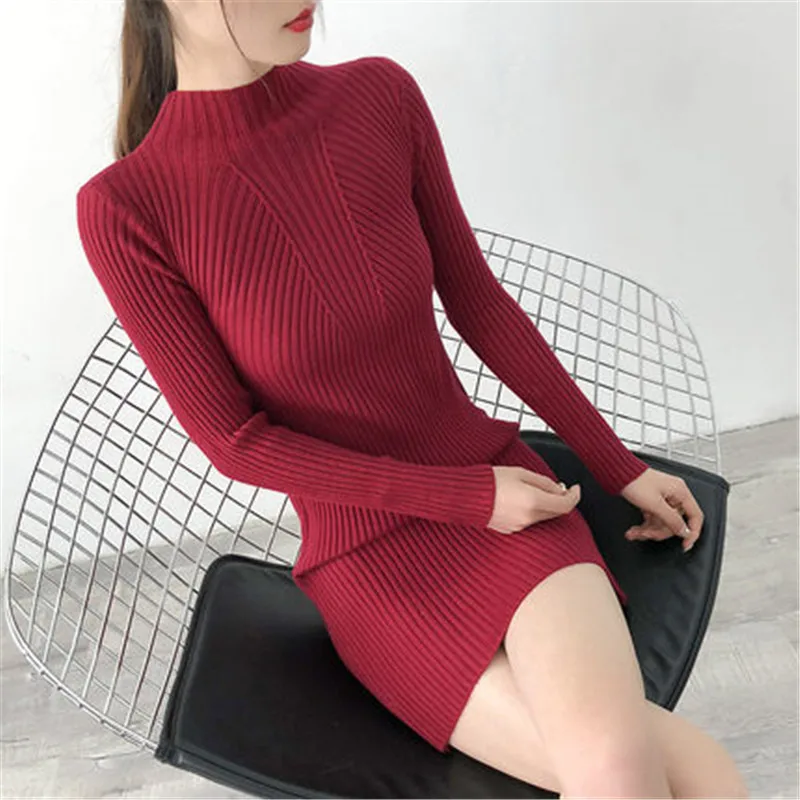 Длинный пуловер однотонные вязаные топы новинка 2018 Осень-зима водолазка с