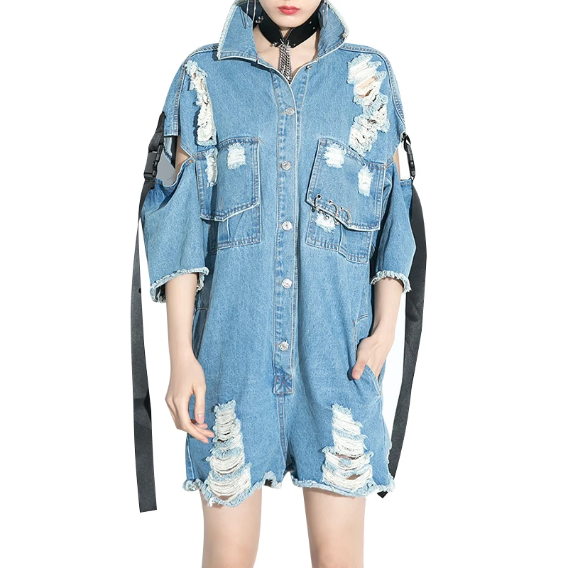 Женский джинсовый комбинезон с воротником стойкой и рукавом до