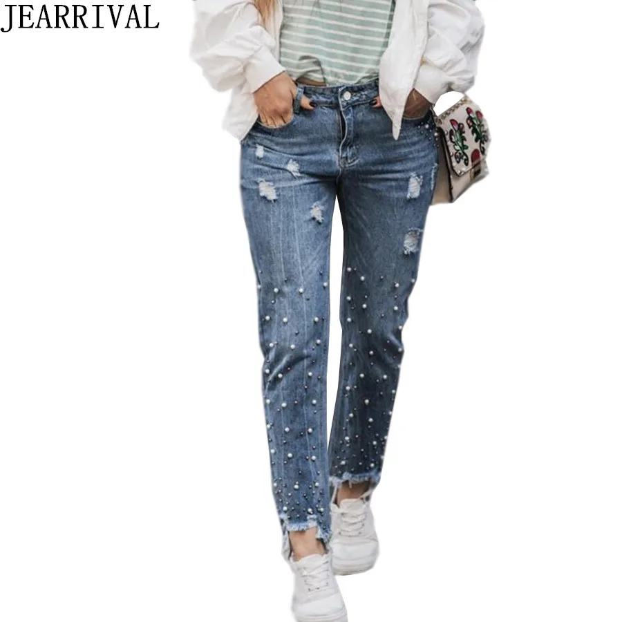 Новинка 2017 модные рваные джинсы с бисером женские высокой талией в стиле