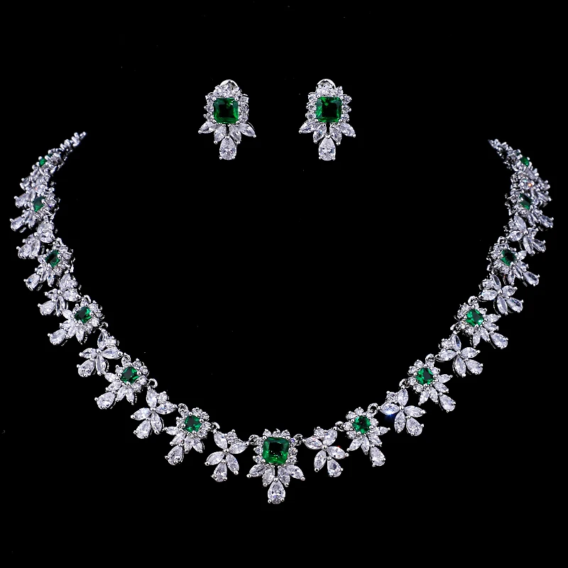 GMGYQ Zircons Wit Goud Kleur Rood En Groen CZ Crystal Bridal Ketting Oorbellen Sieraden Luxe Bruiloft комплекты украшений