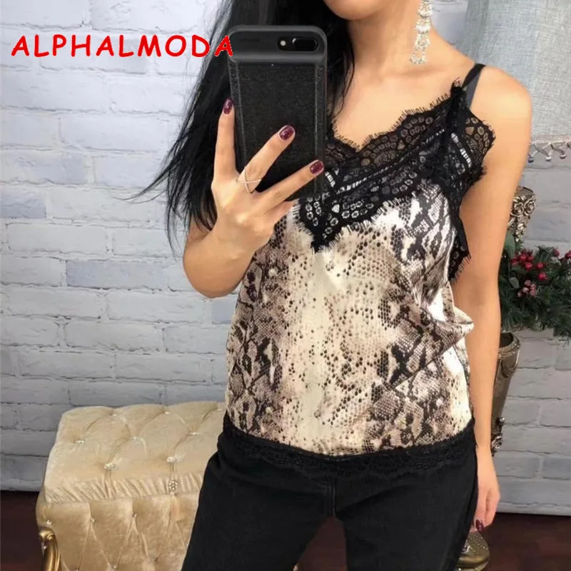 ALPHALMODA летняя Дамская змеиная кожа принт кружева топики кружева лоскутное сексуальный летний топик Женская мода майка