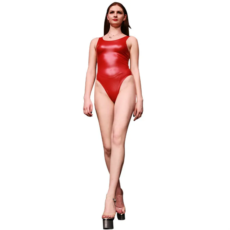 High Cut Swimsuit Sleveless Bodysuit PVC Shiny One Piece Thong Swimwear Body Suit Latex Matt Catsuit Sexy Club Dance Wear - Цвет: Красный