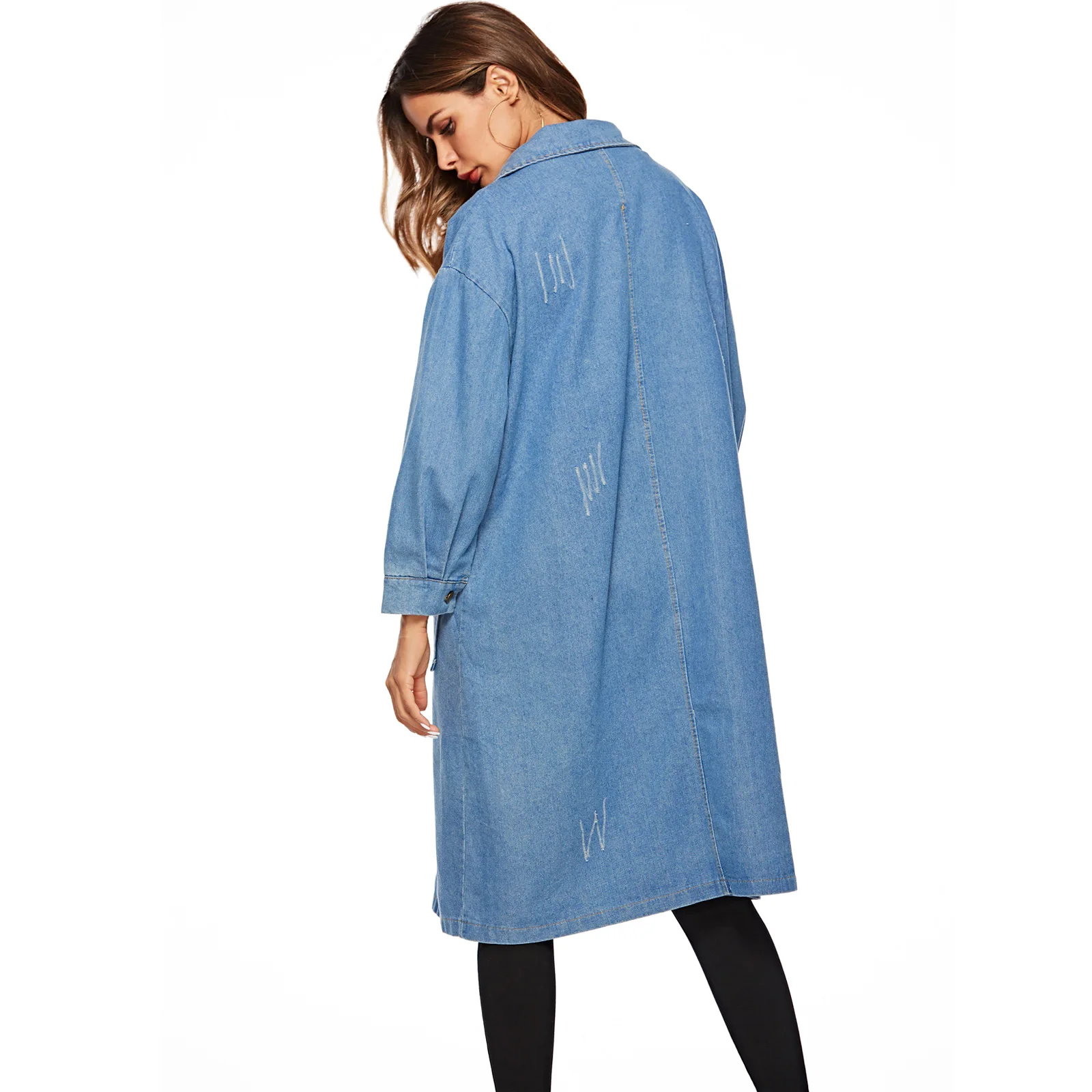 Женское джинсовое пальто с отложным воротником однобортное длинным рукавом и