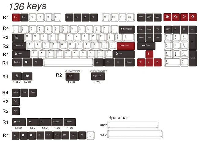 Black Red White 136 Черный/Красный 108 клавиш сублимированный pbt keycap для механической клавиатуры Cherry Filco Ducky keycap Вишневый профиль только keycaps - Цвет: Black Red White 136