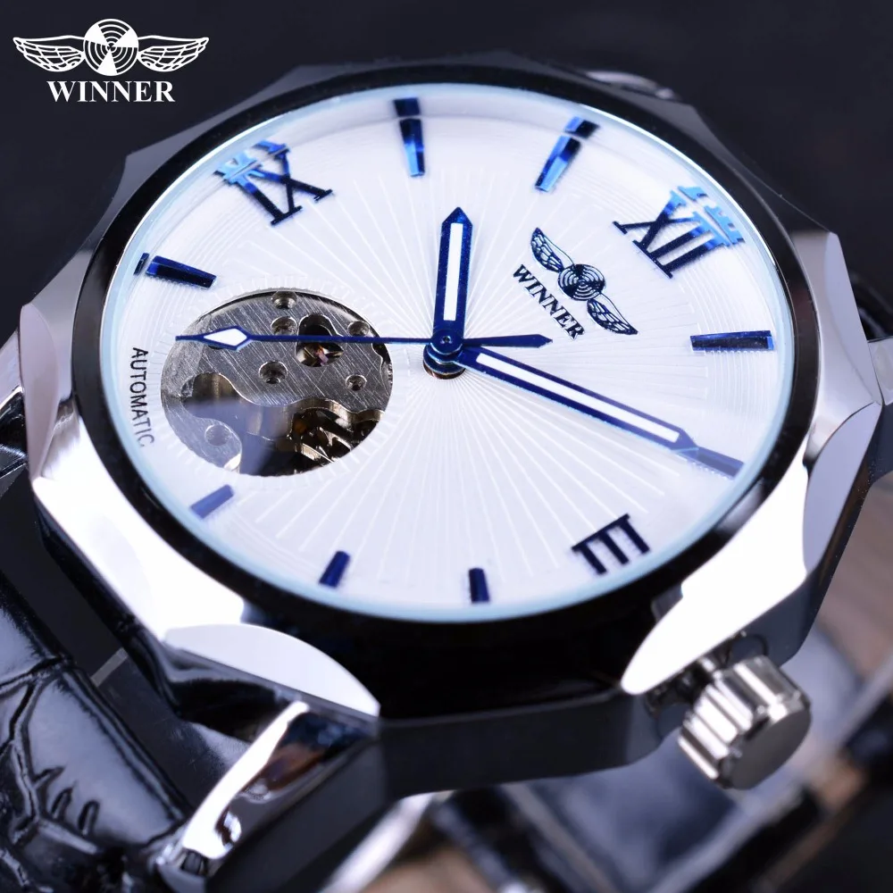 

Winner Blue Hands Design Transparent Skeleton Small Fashion Dial Display Mens Watches Top Brand Luxury Automatic Fashion Watches